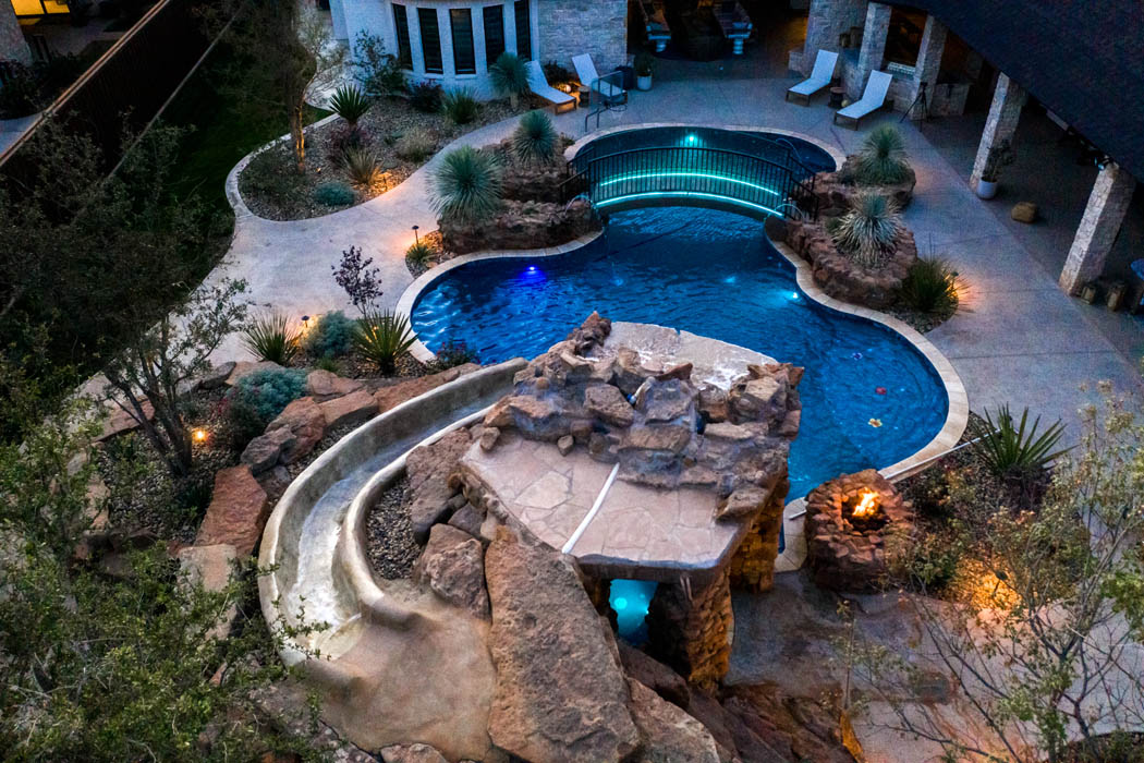 Overhead pool of custom swimming pool in beautiful home built by Sharkey Custom Homes, in Lubbock.
