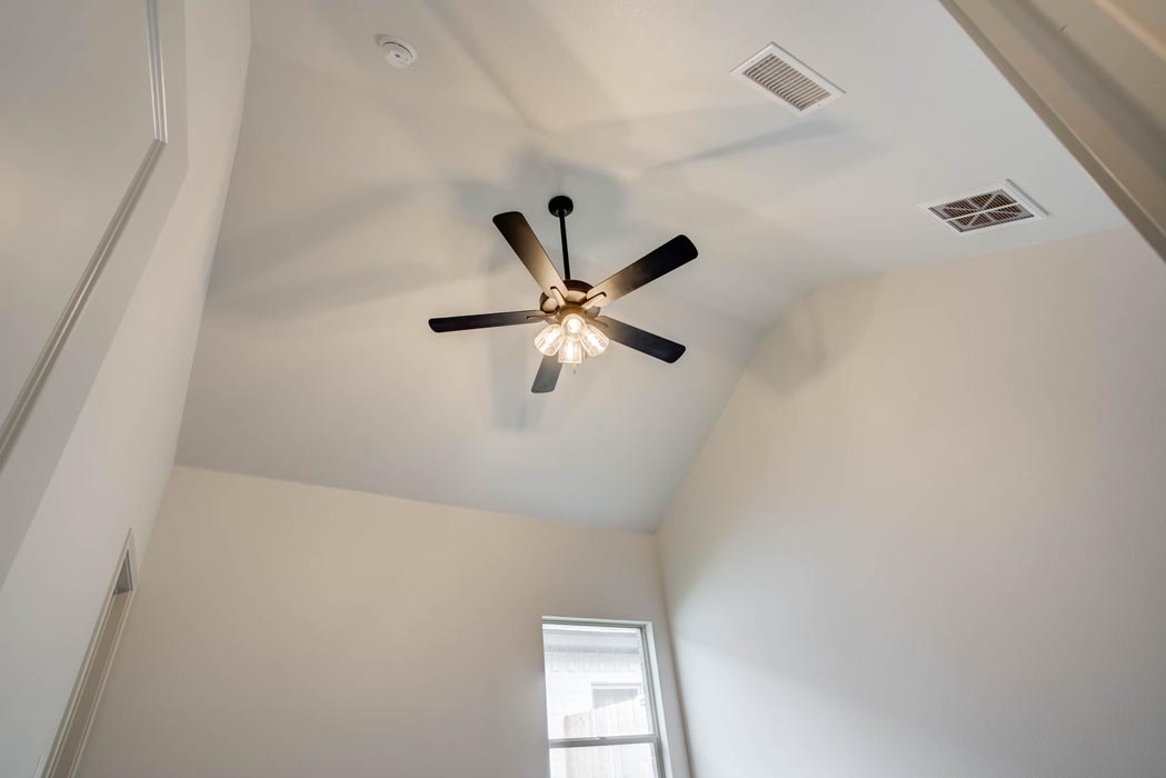 Vaulted ceiling in bedroom of new home for sale in Lubbock, Texas.