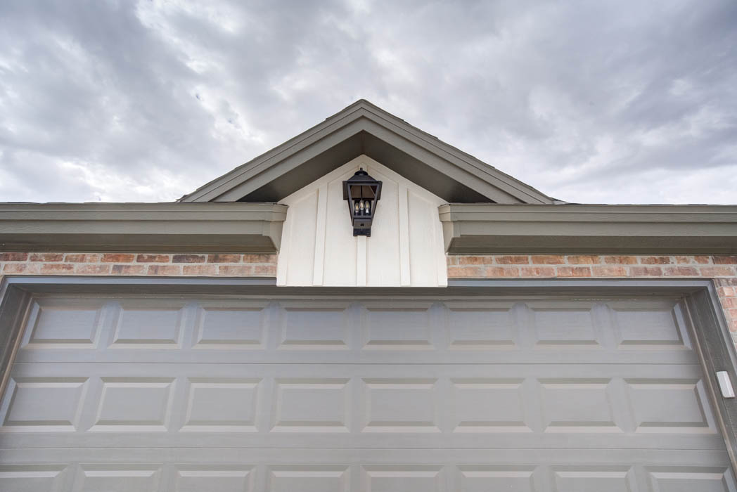 Exterior detail of garage of beautiful new home for sale in Lubbock, Texas.
