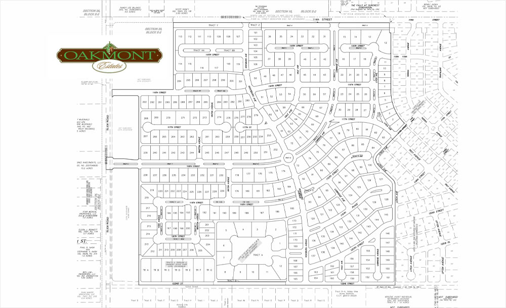 Lots map for the Oakmont Estates neighborhood development in Lubbock, Texas.