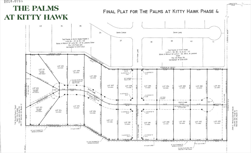 Lots map for the The Palms at Kitty Hawk neighborhood development in Lubbock, Texas.