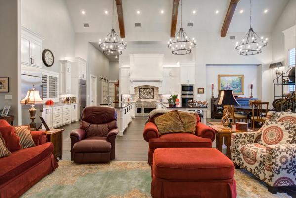 Example of spacious, beautiful living room in new home built by Sharkey Custom Homes in Lubbock, Texas.